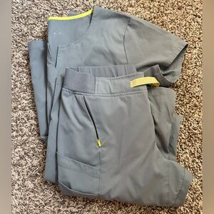 Medelita scrubs. Worn during pregnancy (9 months pregnant), very bump friendly.